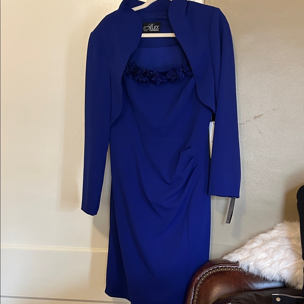 NWT Rosette Stretch Crepe Cocktail Dress with Bolero Jacket in Royal Size 16